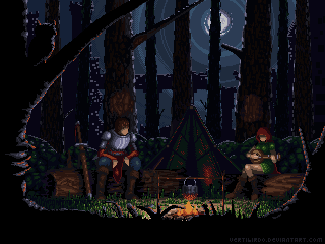 Two travellers resting beside a campfire in a dark forest